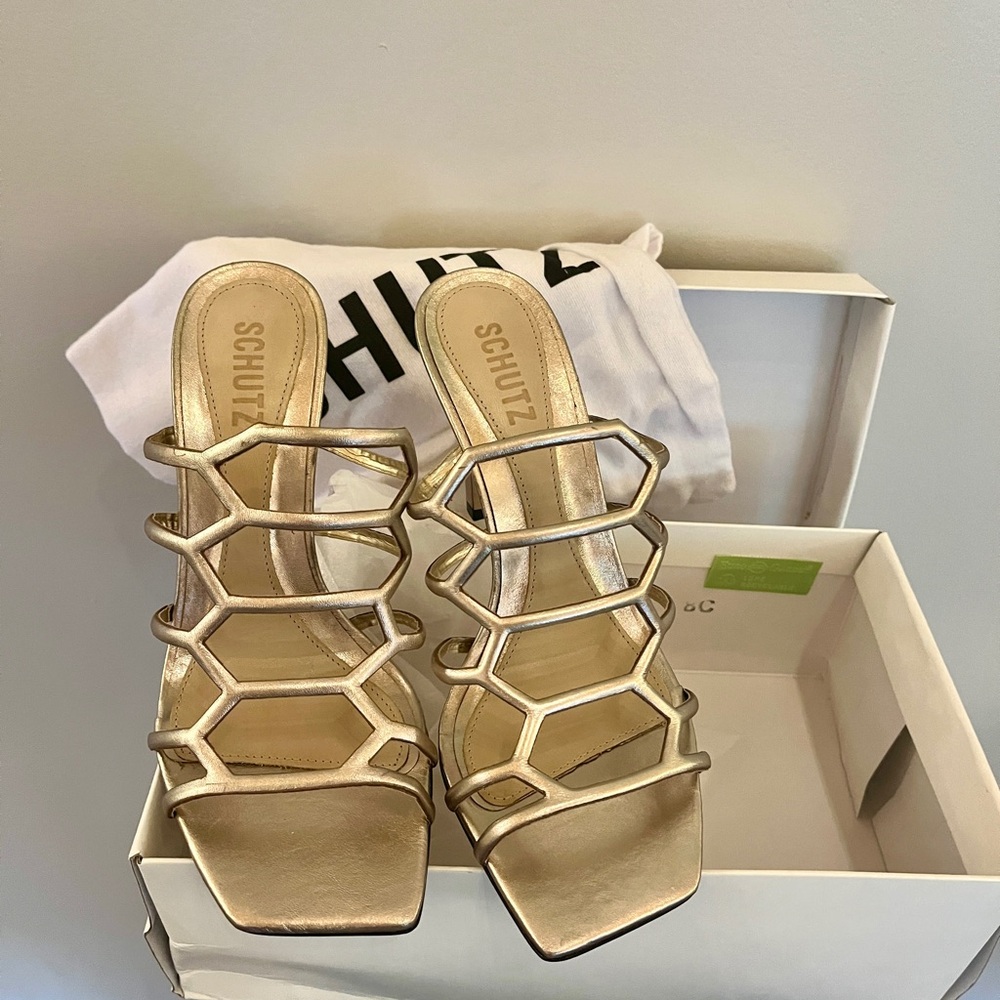 SCHUTZ Metallic Gold Strappy Heels